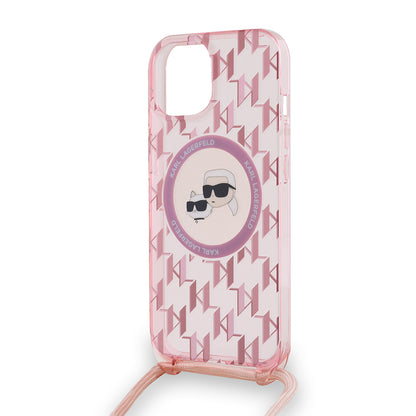 MagSafe Case for Apple iPhone 15, Karl Lagerfeld, IML Crossbody Monogram Karl & Choupette's Heads, Pink
