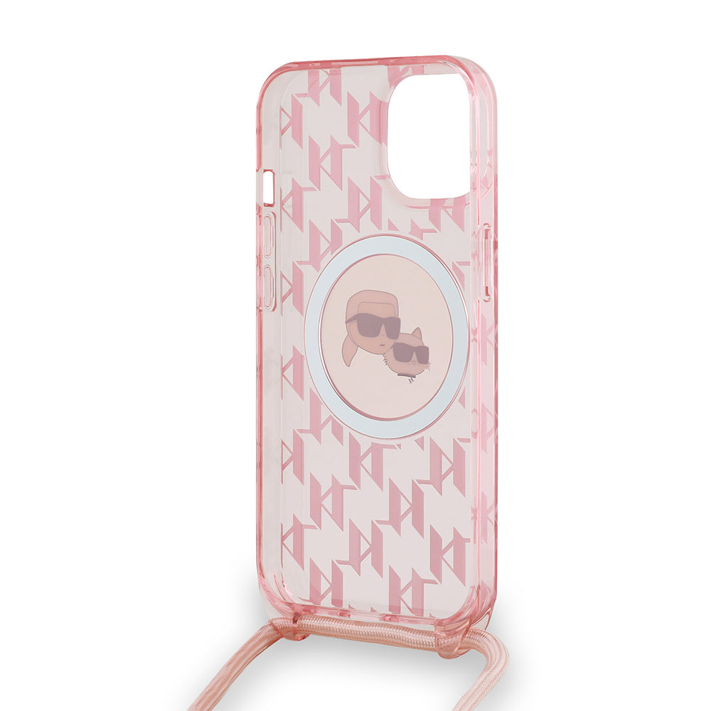 MagSafe Case for Apple iPhone 15, Karl Lagerfeld, IML Crossbody Monogram Karl & Choupette's Heads, Pink