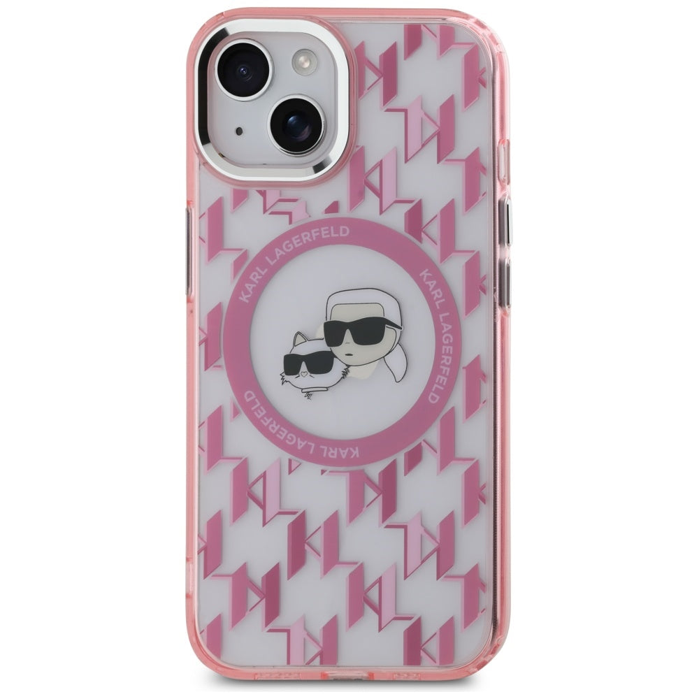 MagSafe Case for Apple iPhone 15, Karl Lagerfeld, IML Monogram Karl & Choupette's Heads, Pink