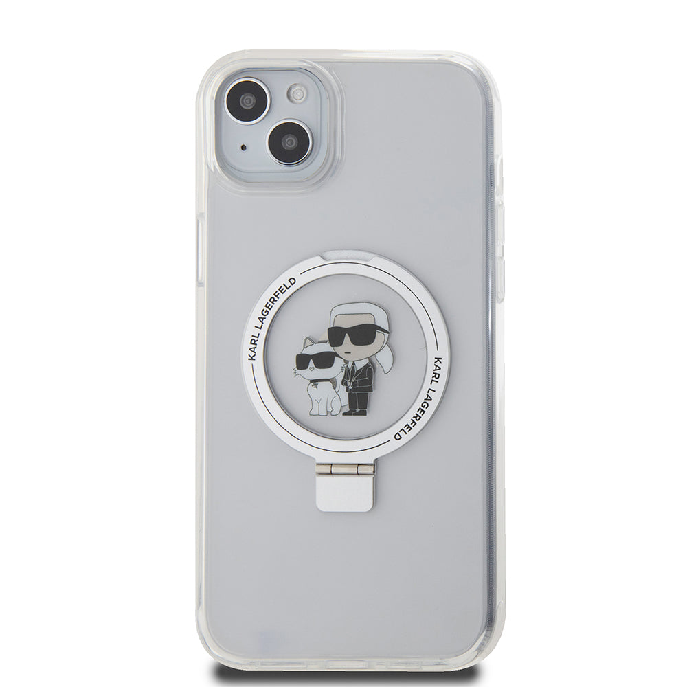 MagSafe Case for Apple iPhone 15 Plus, Karl Lagerfeld, Ringstand Karl and Choupette, White