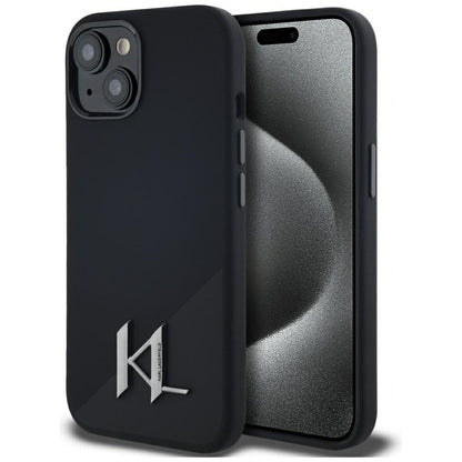 MagSafe Case for Apple iPhone 15, Karl Lagerfeld, Silicone Shadow Metal Initial, Black
