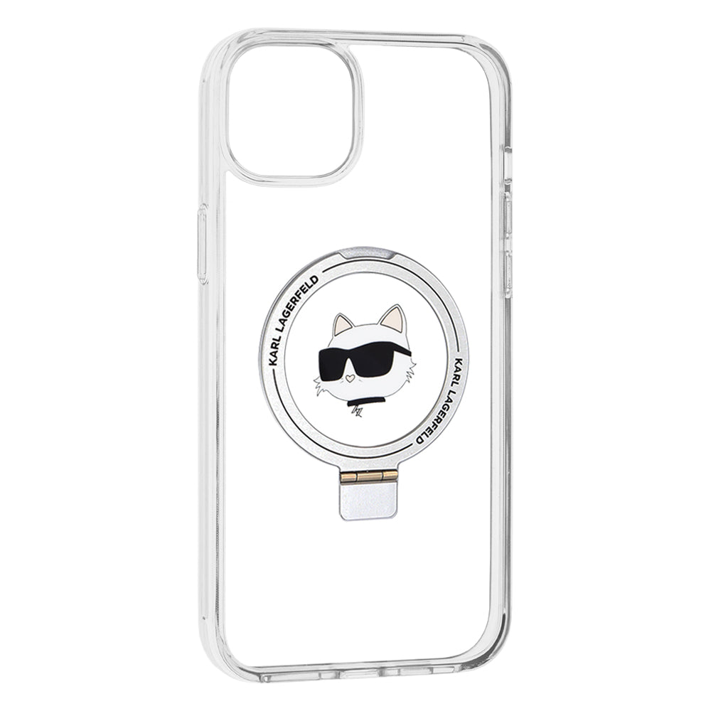 MagSafe Case for Apple iPhone 15 Plus / 14 Plus, Karl Lagerfeld, Ring Stand Choupette's Head, White