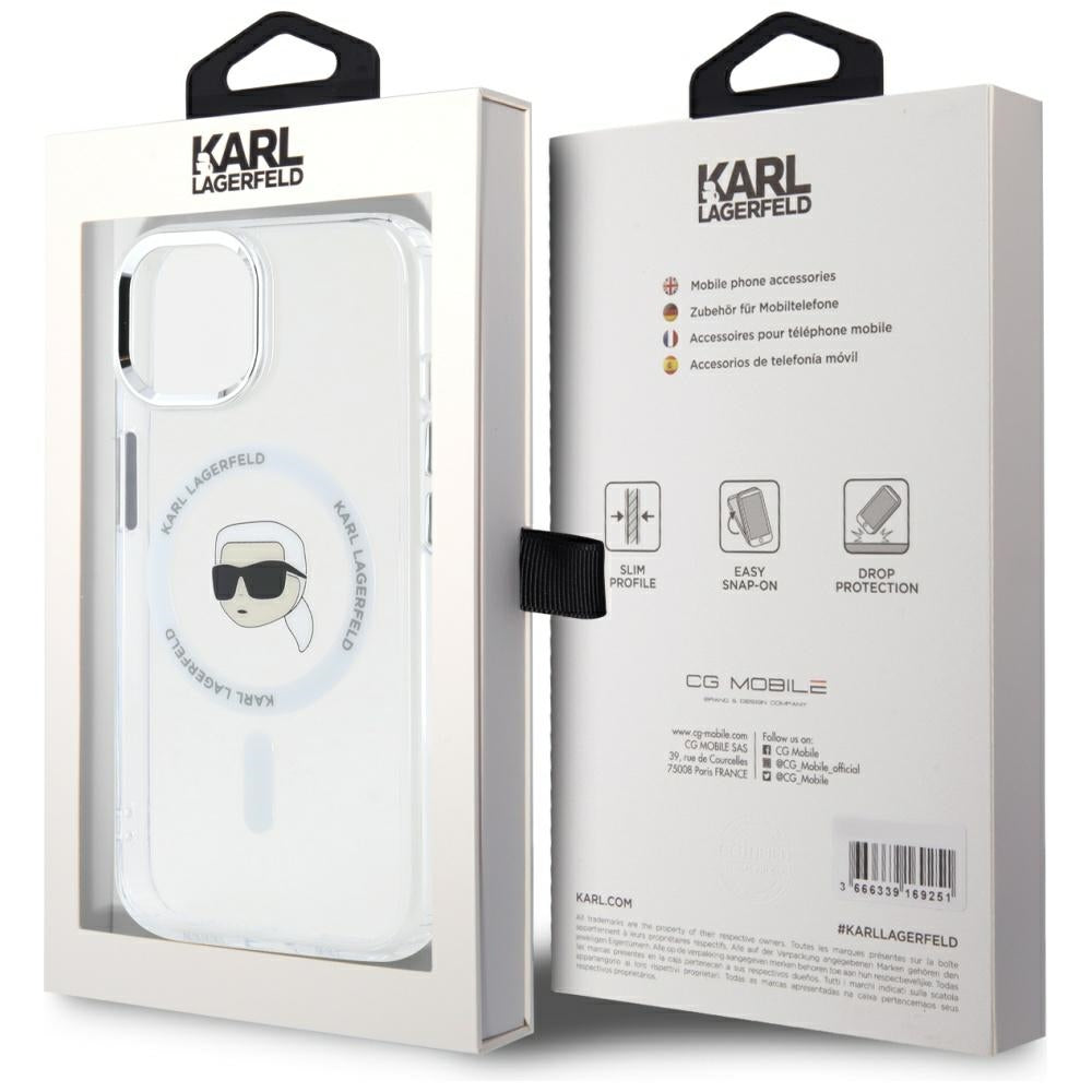 MagSafe Case for Apple iPhone 15 Plus, Karl Lagerfeld, IML Metal Karl's Head, White