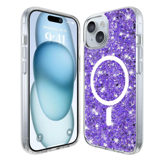 MagSafe Case for Apple iPhone 15 Plus, Techsuit, Sparkly Glitter, Purple