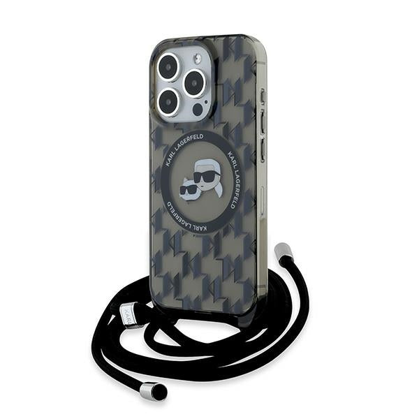 MagSafe Case for Apple iPhone 15 Pro, Karl Lagerfeld, IML Crossbody Monogram Karl & Choupette's Heads, Black