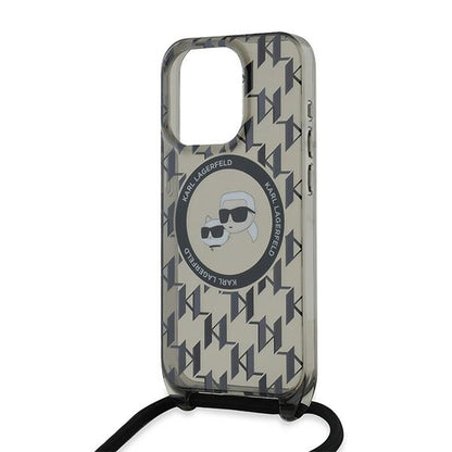 MagSafe Case for Apple iPhone 15 Pro, Karl Lagerfeld, IML Crossbody Monogram Karl & Choupette's Heads, Black