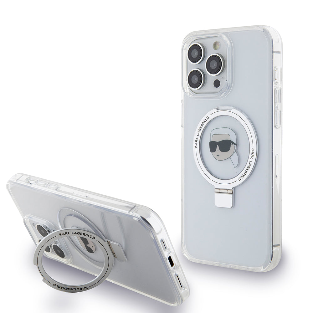 MagSafe Case for Apple iPhone 15 Pro, Karl Lagerfeld, Ring Stand Karl's Head, White