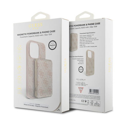 MagSafe Case for Apple iPhone 15 Pro Max, Guess, Powerbank 4G Metal Logo, Pink