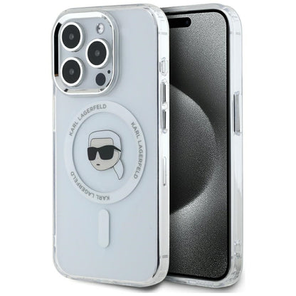 MagSafe Case for Apple iPhone 15 Pro Max, Karl Lagerfeld, IML Metal Karl's Head, White
