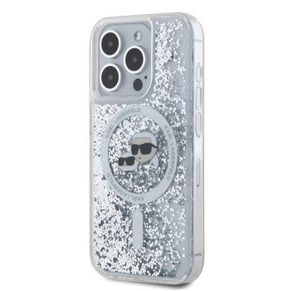 MagSafe Case for Apple iPhone 15 Pro Max, Karl Lagerfeld, Liquid Glitter Karl & Choupette's Heads, Transparent
