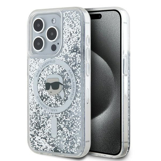 MagSafe Case for Apple iPhone 15 Pro Max, Karl Lagerfeld, Liquid Glitter Karl's Head, Transparent