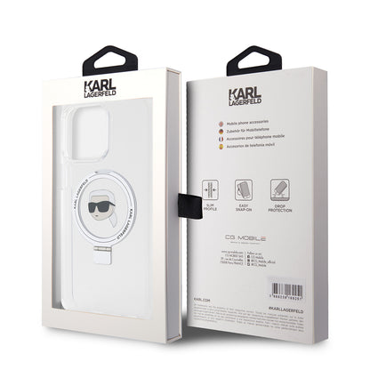 MagSafe Case for Apple iPhone 15 Pro Max, Karl Lagerfeld, Ring Stand Karl's Head, White