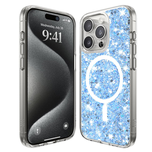 MagSafe Case for Apple iPhone 15 Pro, Techsuit, Sparkly Glitter, Blue