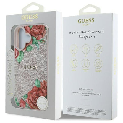 MagSafe Case for Apple iPhone 16, Guess, 4G Flowers Print, Pink