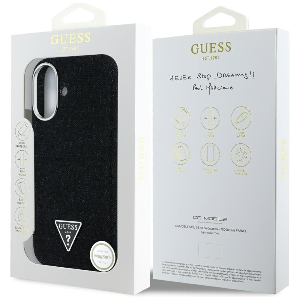 MagSafe Case for Apple iPhone 16, Guess, Denim Triangle Logo, Black