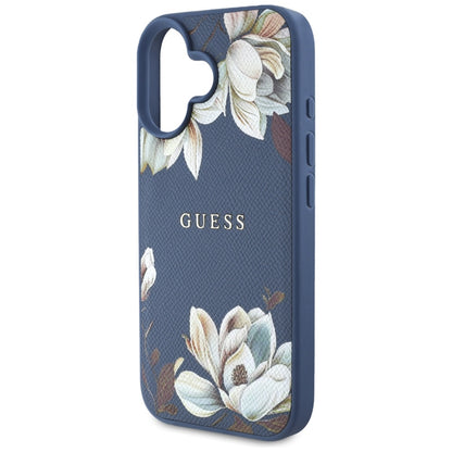 MagSafe Case for Apple iPhone 16, Guess, Grained Flowers, Blue