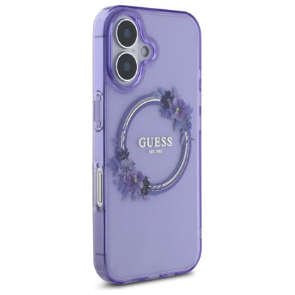 MagSafe Case for Apple iPhone 16, Guess, IML Flowers Wreath, Purple