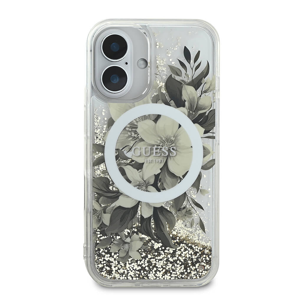 MagSafe Case for Apple iPhone 16, Guess, Liquid Glitter Flower, Beige