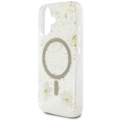 MagSafe Case for Apple iPhone 16, Guess, Resin Flowers and Glitter, Beige
