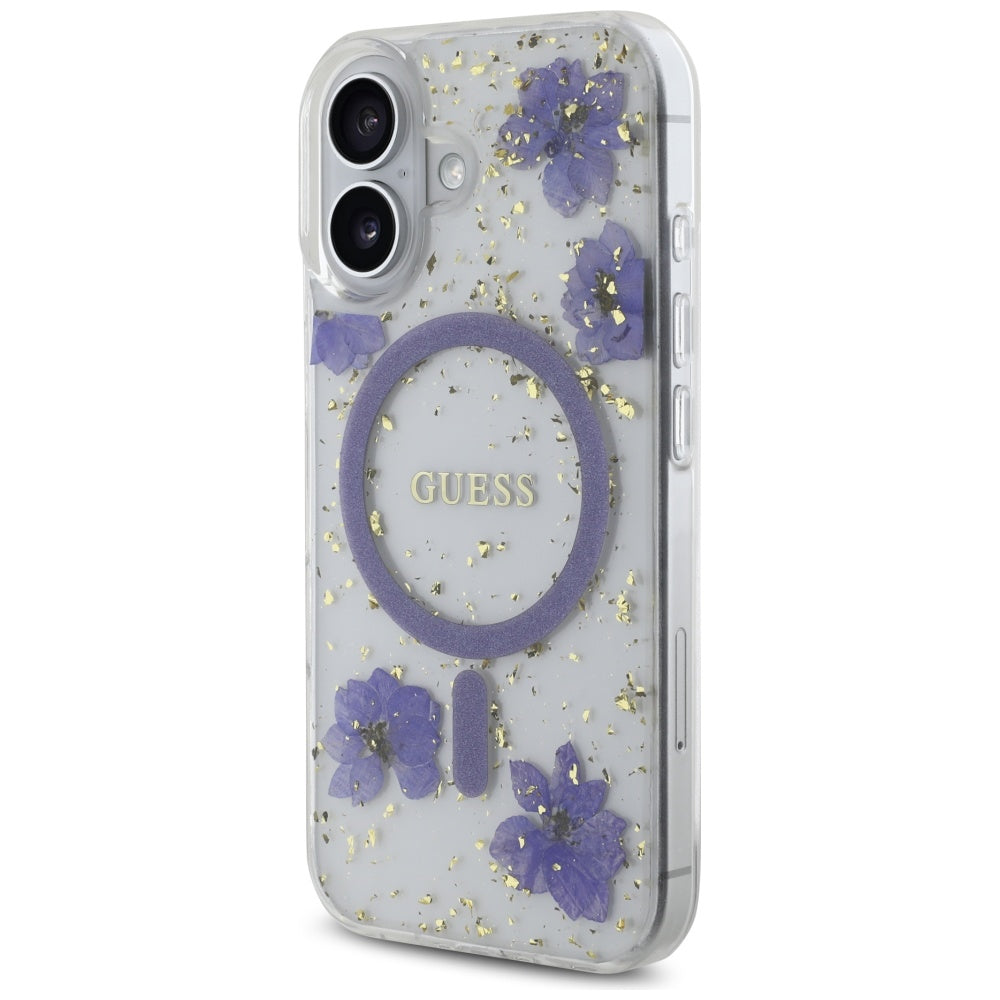 MagSafe Case for Apple iPhone 16, Guess, Resin Flowers and Glitter, Purple