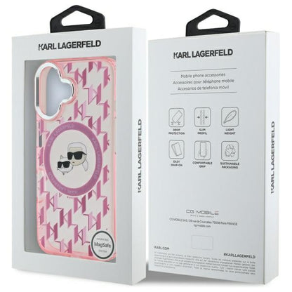 MagSafe Case for Apple iPhone 16, Karl Lagerfeld, IML Monogram Karl & Choupette's Heads, Pink