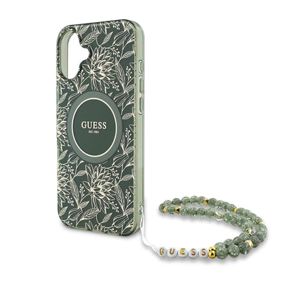 MagSafe Case for Apple iPhone 16 Plus, Guess, IML Flowers Allover Electroplated with Pearl Strap, Green