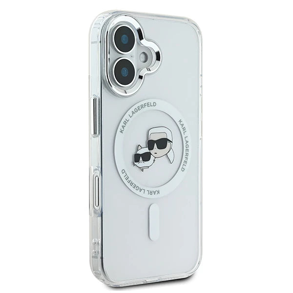 MagSafe Case for Apple iPhone 16 Plus, Karl Lagerfeld, IML Metal Karl & Choupette's Heads, White