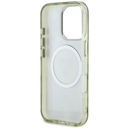 MagSafe Case for Apple iPhone 16 Pro, Guess, IML Metal Glitter Flowers Triangle, Green