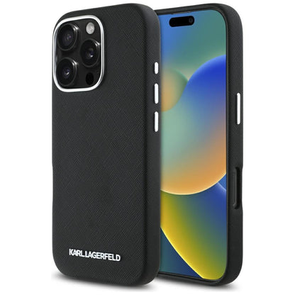 MagSafe Case for Apple iPhone 16 Pro, Karl Lagerfeld, Saffiano Full Wrapped Elongated Metal Logo, Black