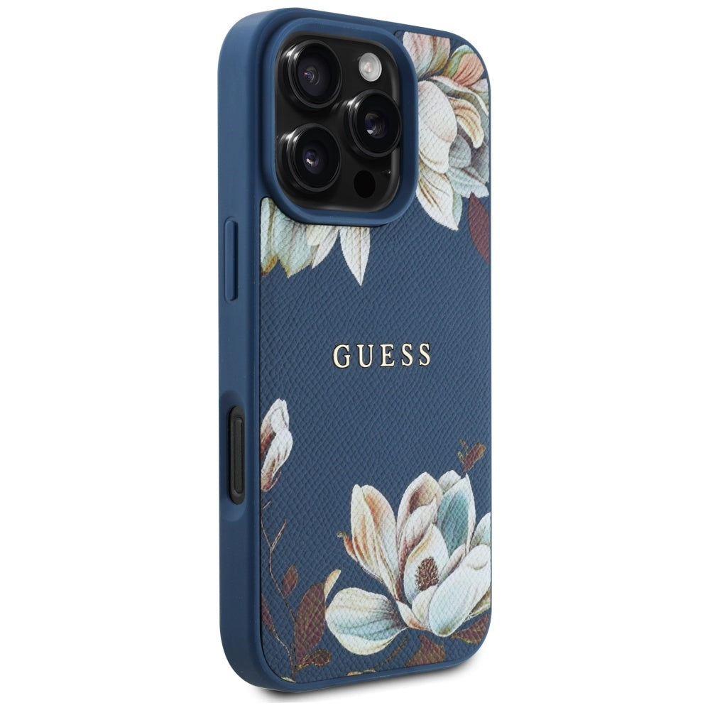 MagSafe Case for Apple iPhone 16 Pro Max, Guess, Grained Flowers, Blue