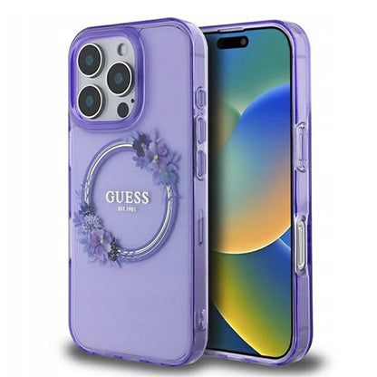 MagSafe Case for Apple iPhone 16 Pro Max, Guess, IML Flowers Wreath, Purple