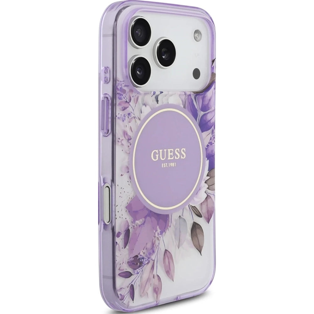 MagSafe Case for Apple iPhone 17 Pro, Guess, IML Flower & Tonal Circle, Purple