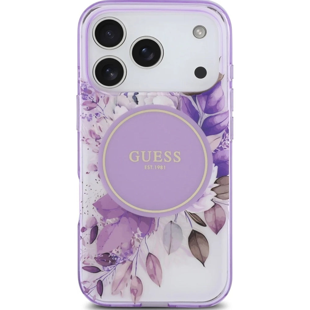 MagSafe Case for Apple iPhone 17 Pro, Guess, IML Flower & Tonal Circle, Purple