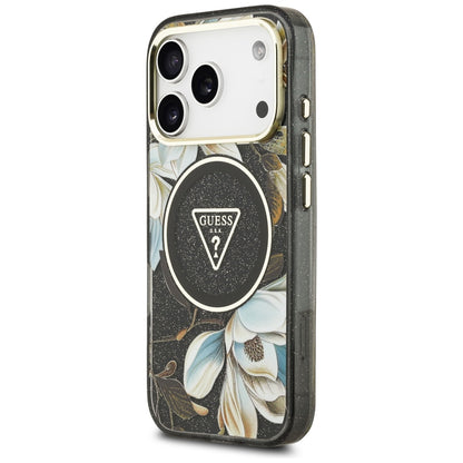 MagSafe Case for Apple iPhone 17 Pro Max, Guess, IML Metal Glitter Flowers Triangle, Black
