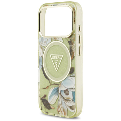 MagSafe Case for Apple iPhone 17 Pro Max, Guess, IML Metal Glitter Flowers Triangle, Green