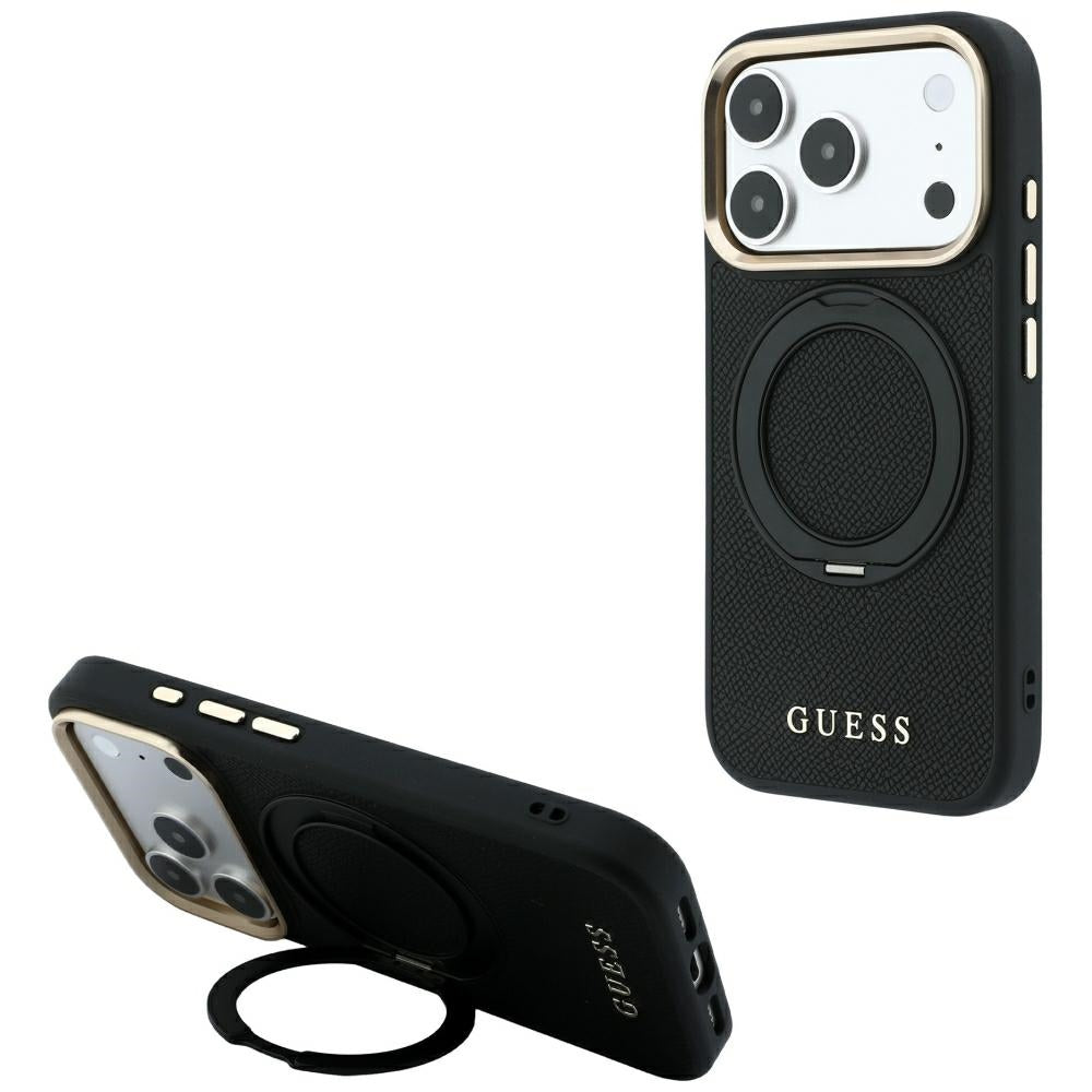 MagSafe Case for Apple iPhone 18 Pro / 17 Pro, Guess, Grained Ring Stand 360 Classic, Black