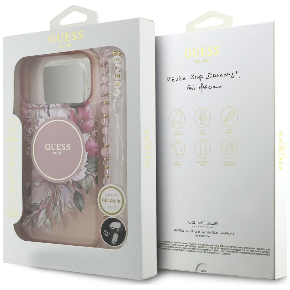 MagSafe Case for Apple iPhone 18 Pro / 17 Pro, Guess, IML Flowers with Pearl Strap, Pink