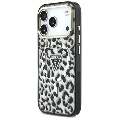 MagSafe Case for Apple iPhone 18 Pro / 17 Pro, Guess, Leopard Glitter Triangle Logo, Black