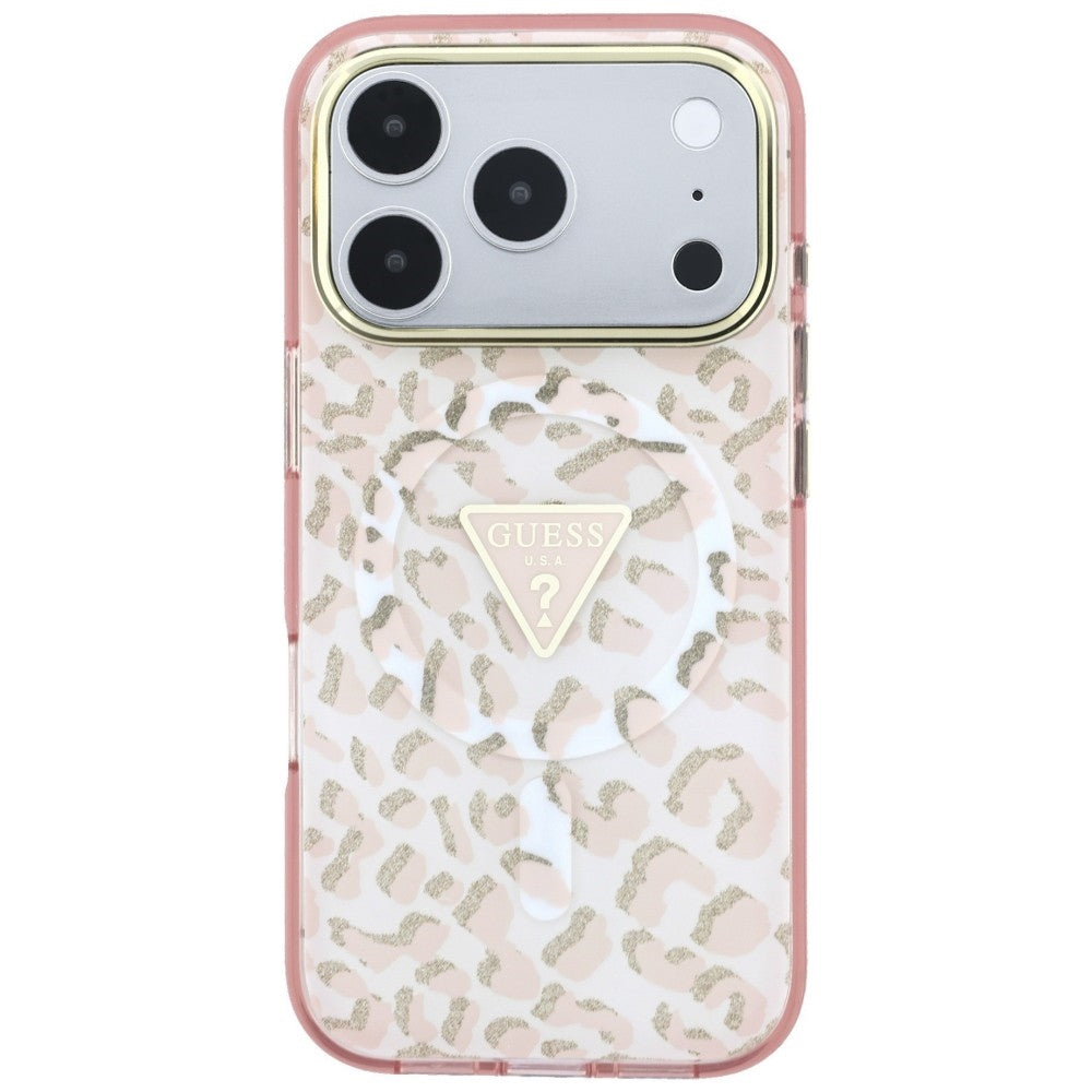 MagSafe Case for Apple iPhone 18 Pro / 17 Pro, Guess, Leopard Glitter Triangle Logo, Pink