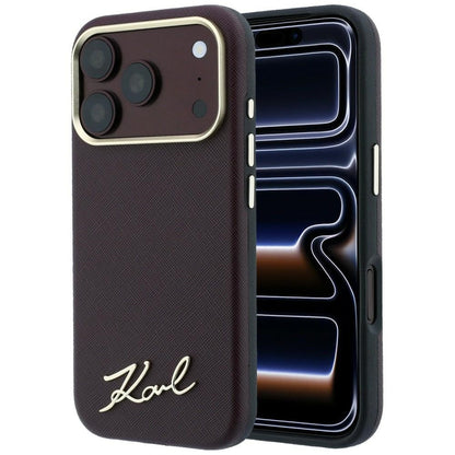 MagSafe Case for Apple iPhone 18 Pro / 17 Pro, Karl Lagerfeld, Saffiano Small Script Metal Logo, Burgundy