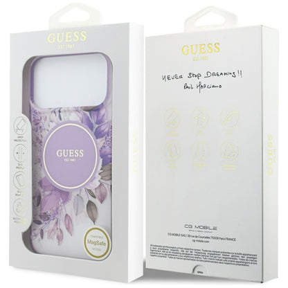 MagSafe Case for Apple iPhone 18 Pro Max / 17 Pro Max, Guess, IML Flowers with Pearl Strap, Purple