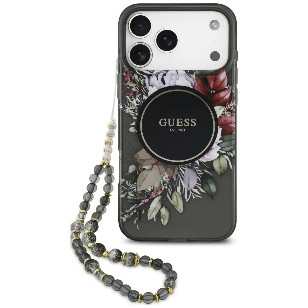 MagSafe Case for Apple iPhone 18 Pro Max / 17 Pro Max, Guess, IML Flowers with Pearl Strap, Black