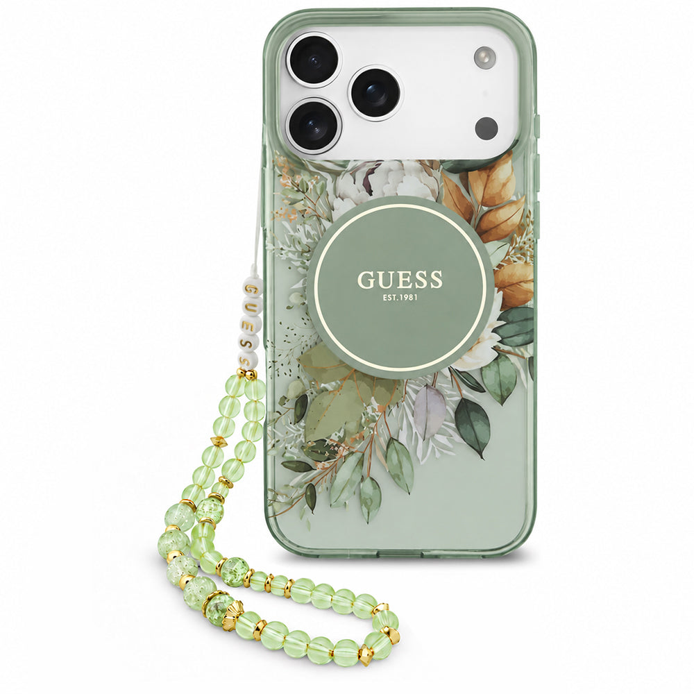 MagSafe Case for Apple iPhone 18 Pro Max / 17 Pro Max, Guess, IML Flowers with Pearl Strap, Green