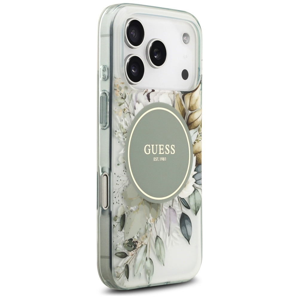 MagSafe Case for Apple iPhone 18 Pro Max / 17 Pro Max, Guess, IML Flowers with Pearl Strap, Green