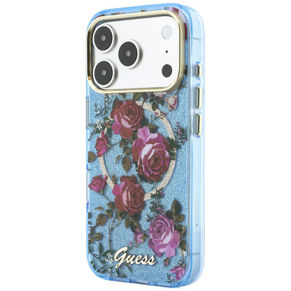 MagSafe Case for Apple iPhone 18 Pro Max / 17 Pro Max, Guess, IML Glitter Blossom Roses, Blue