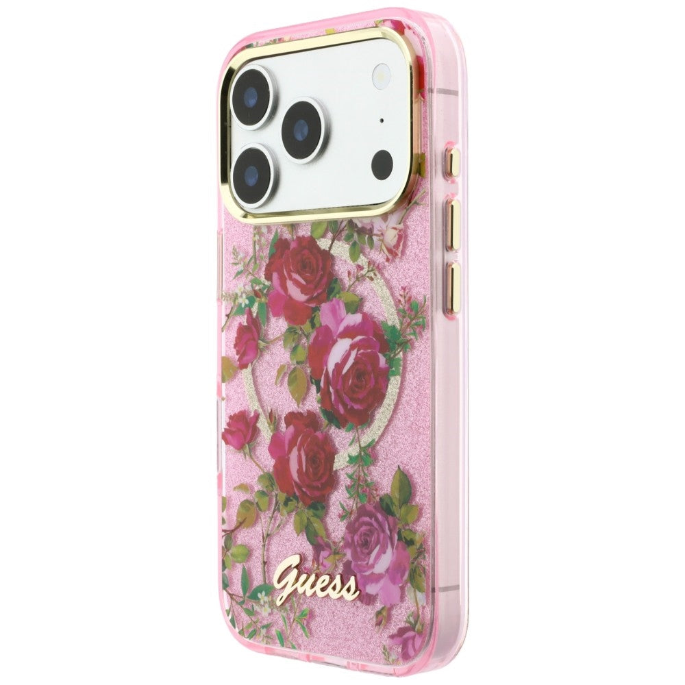 MagSafe Case for Apple iPhone 18 Pro Max / 17 Pro Max, Guess, IML Glitter Blossom Roses, Pink