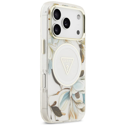 MagSafe Case for Apple iPhone 18 Pro Max / 17 Pro Max, Guess, IML Metal Glitter Flowers Triangle, White