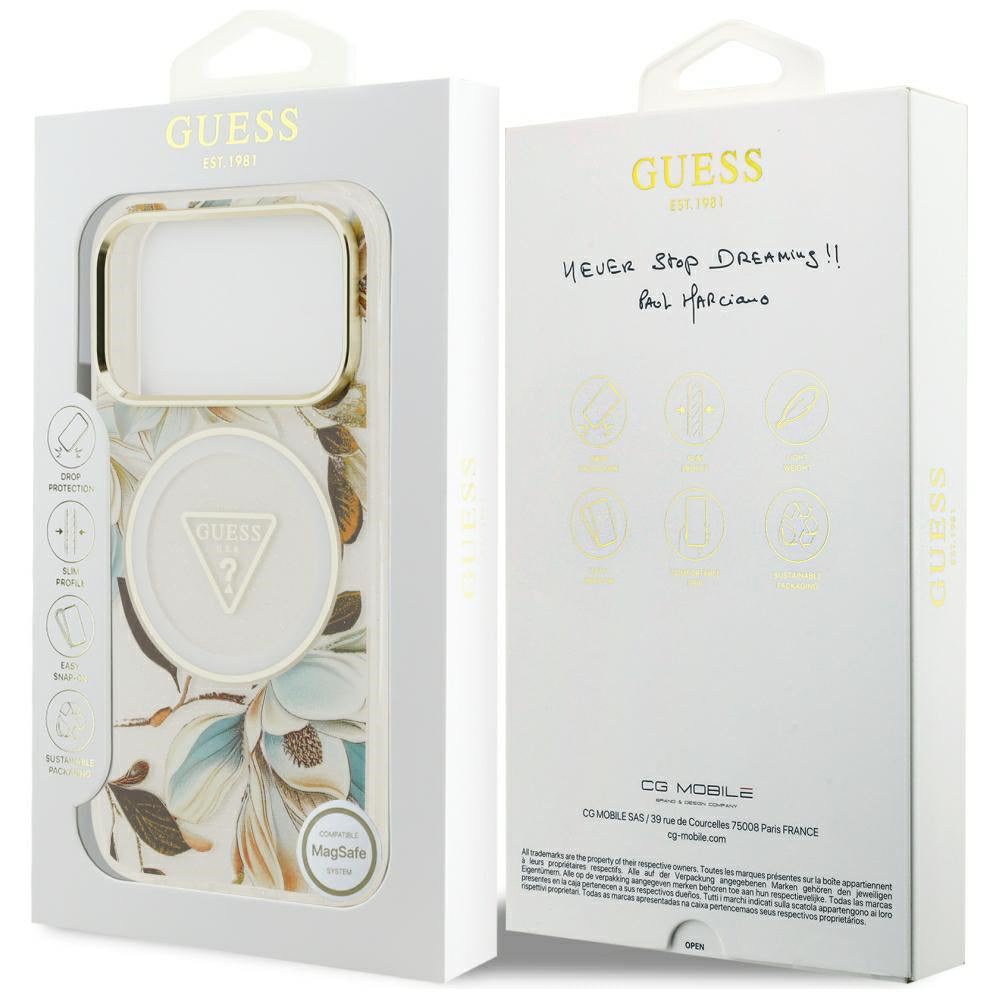 MagSafe Case for Apple iPhone 18 Pro Max / 17 Pro Max, Guess, IML Metal Glitter Flowers Triangle, White