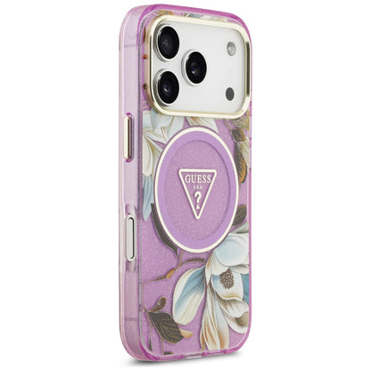 MagSafe Case for Apple iPhone 18 Pro Max / 17 Pro Max, Guess, IML Metal Glitter Flowers Triangle, Purple