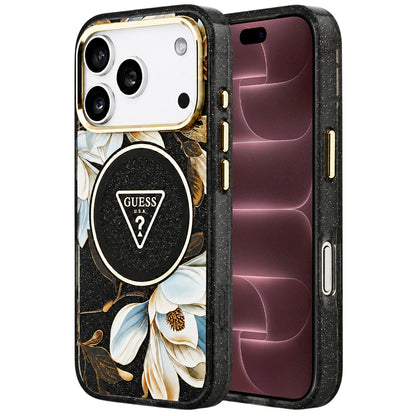 MagSafe Case for Apple iPhone 18 Pro Max / 17 Pro Max, Guess, IML Metal Glitter Flowers Triangle, Black
